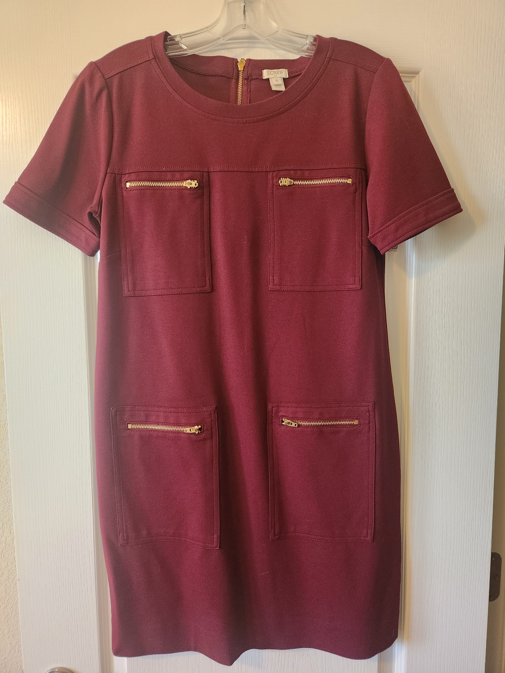 J. Crew Factory Burgundy Short-Sleeve Shift Dress with Gold Zippers